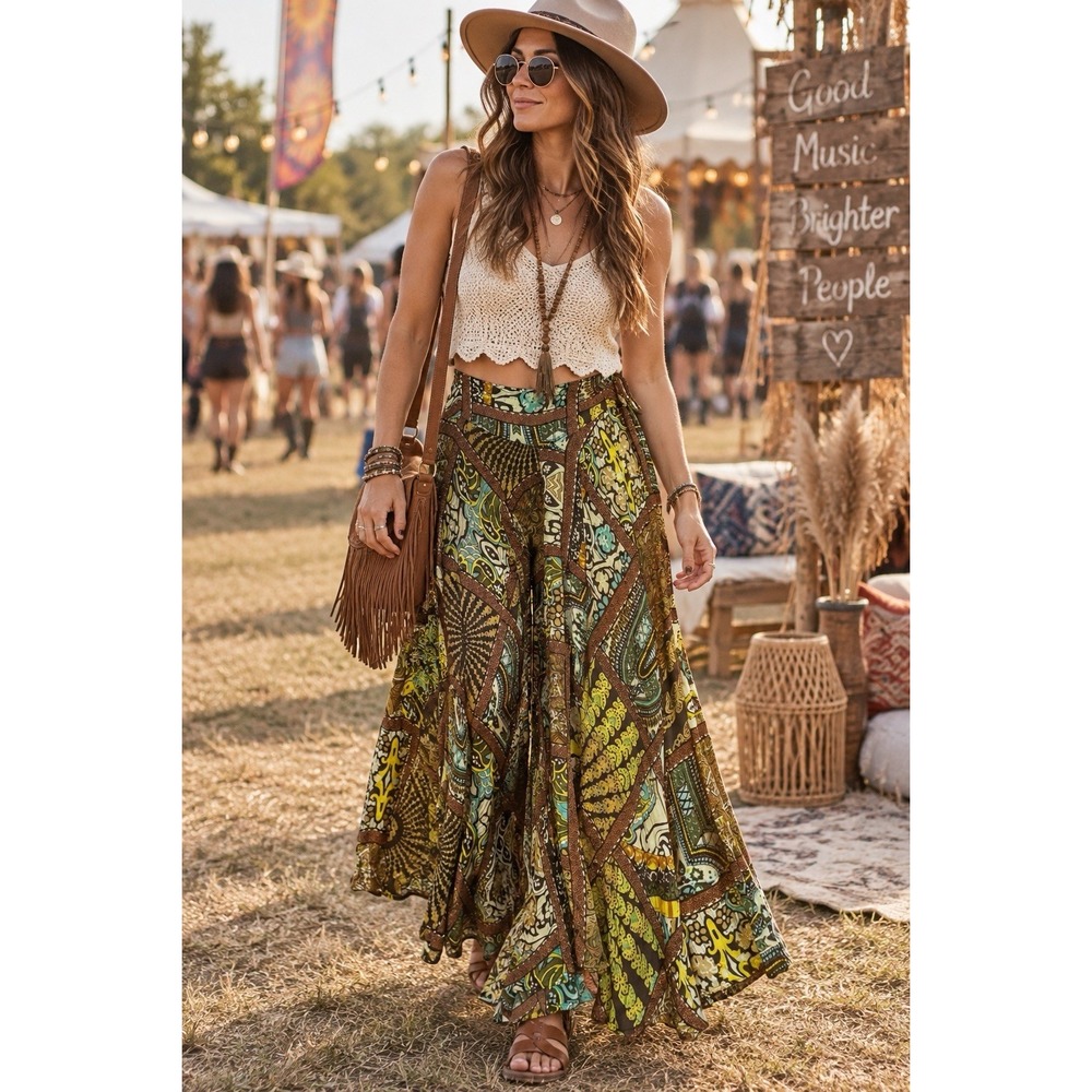 Earthbound Trading Co Boho Patchwork Flare Leg Pants Small Green Brown Festival